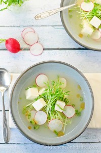 tofu soup with pea shoots and radishes