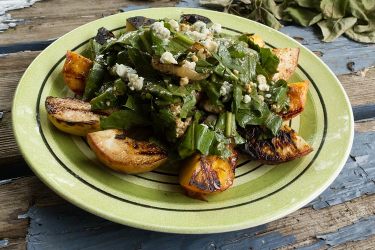 Grilled Peaches, Gorgonzola and Dandelion Greens
