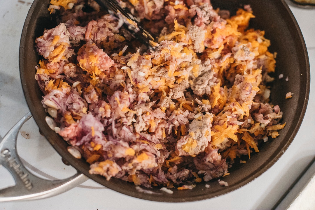 Ground beef prepped for use in shepherd's pie. 